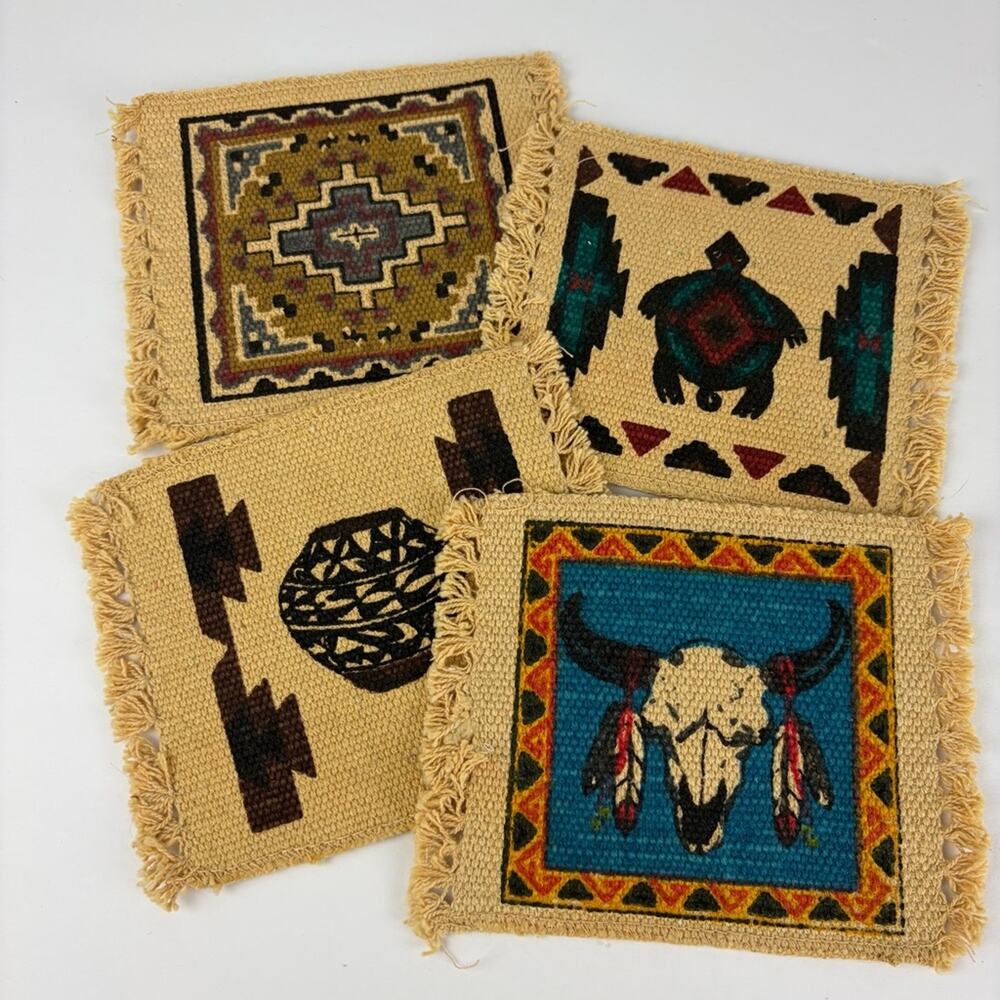 Vintage Native Aztec Woven Tapestry Cup Mug Holder Coasters Set of 4